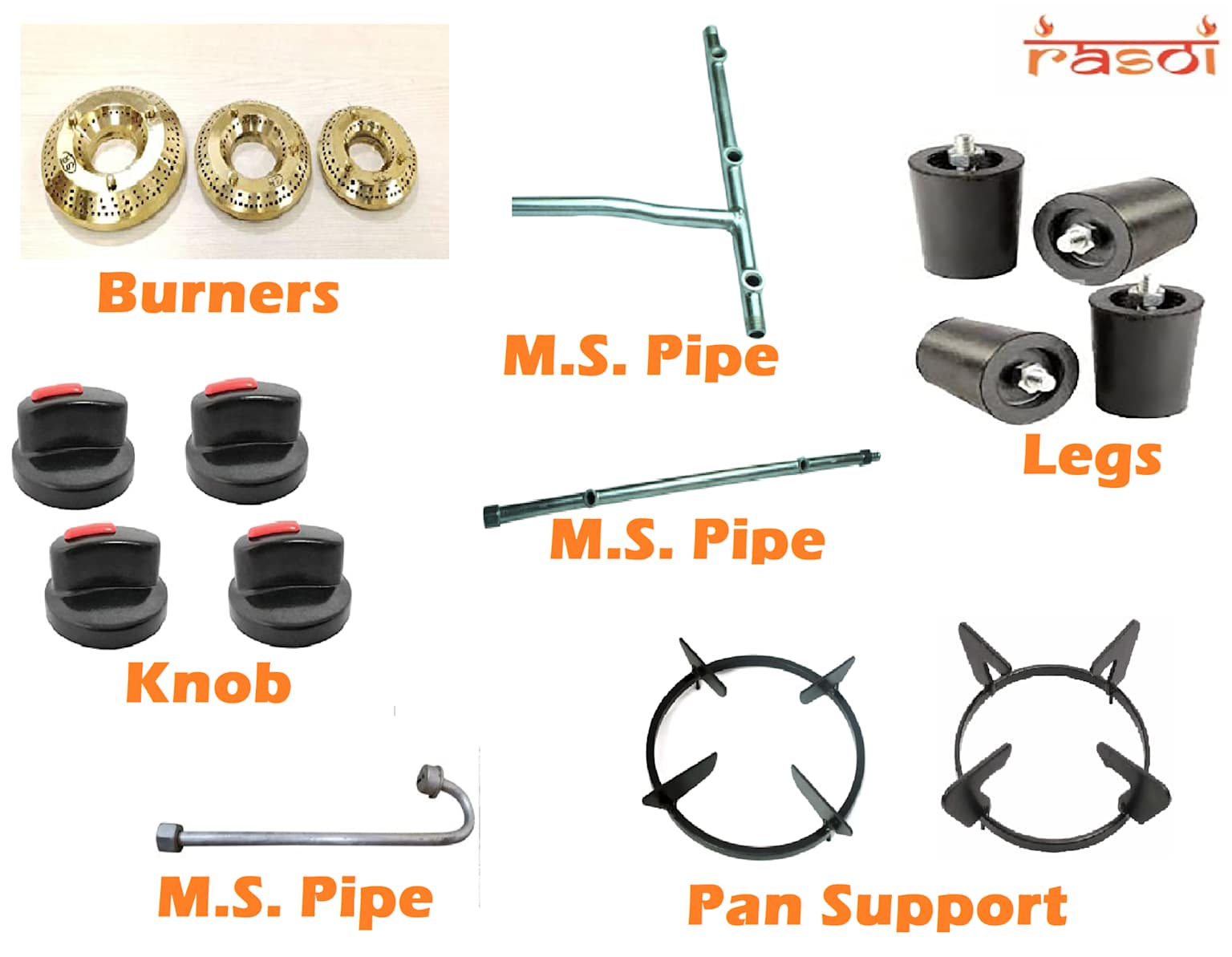 Various gas stove spare parts including burners, knobs, pipes and pan supports
