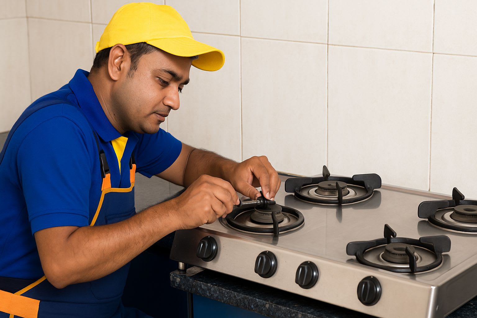 Professional technician working on gas stove burner assembly